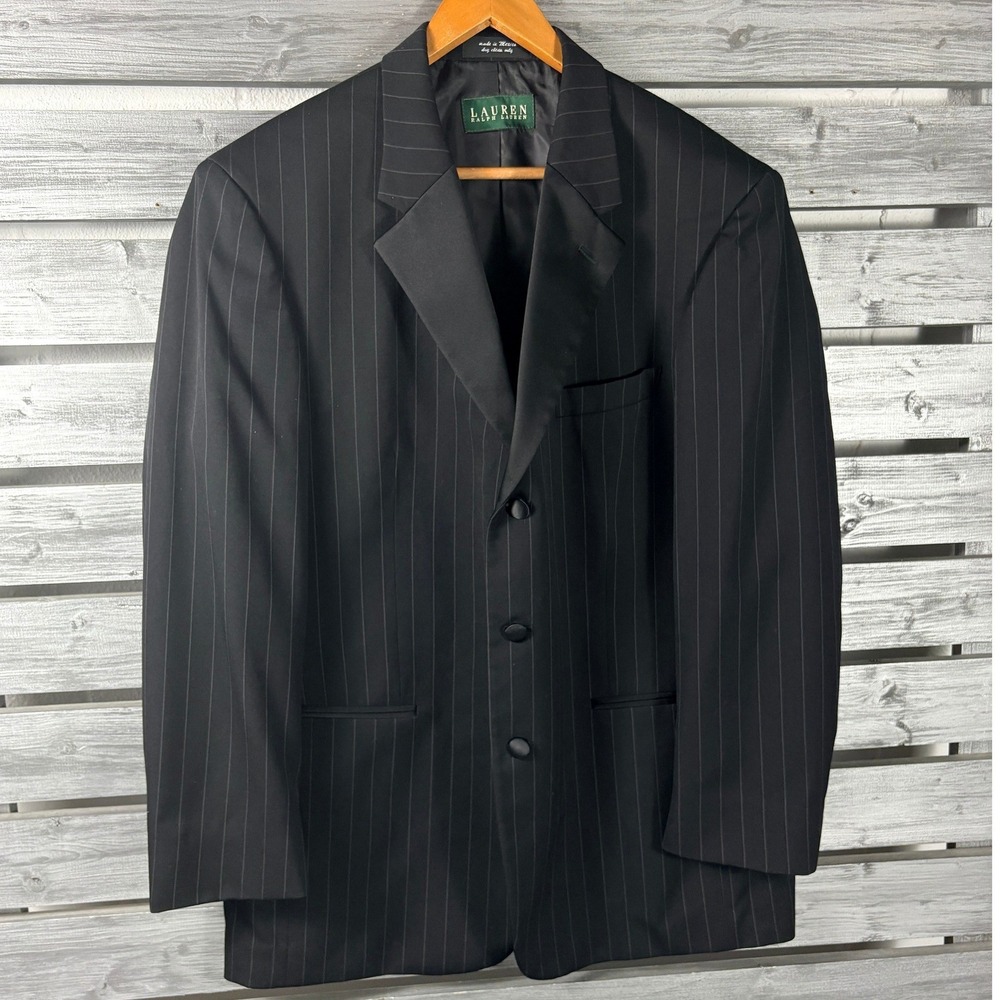 Lauren Ralph Lauren Mens Black Pinstripe Blazer Sport Coat Tuxedo 44R vintage